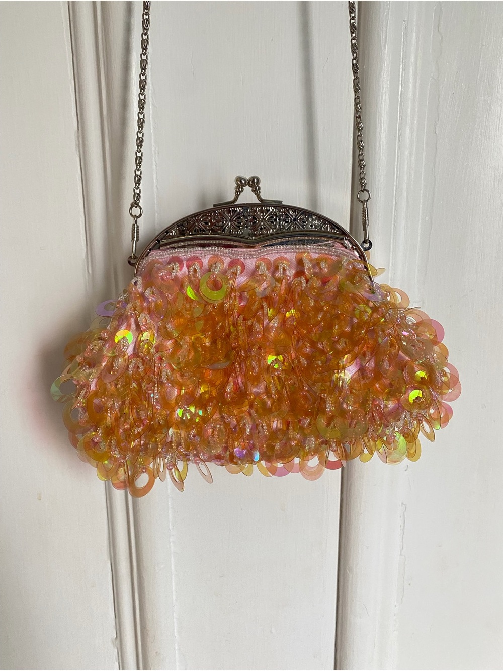 Vintage Beaded Sequin Evening Bag in Iridescent Pink & Orange
